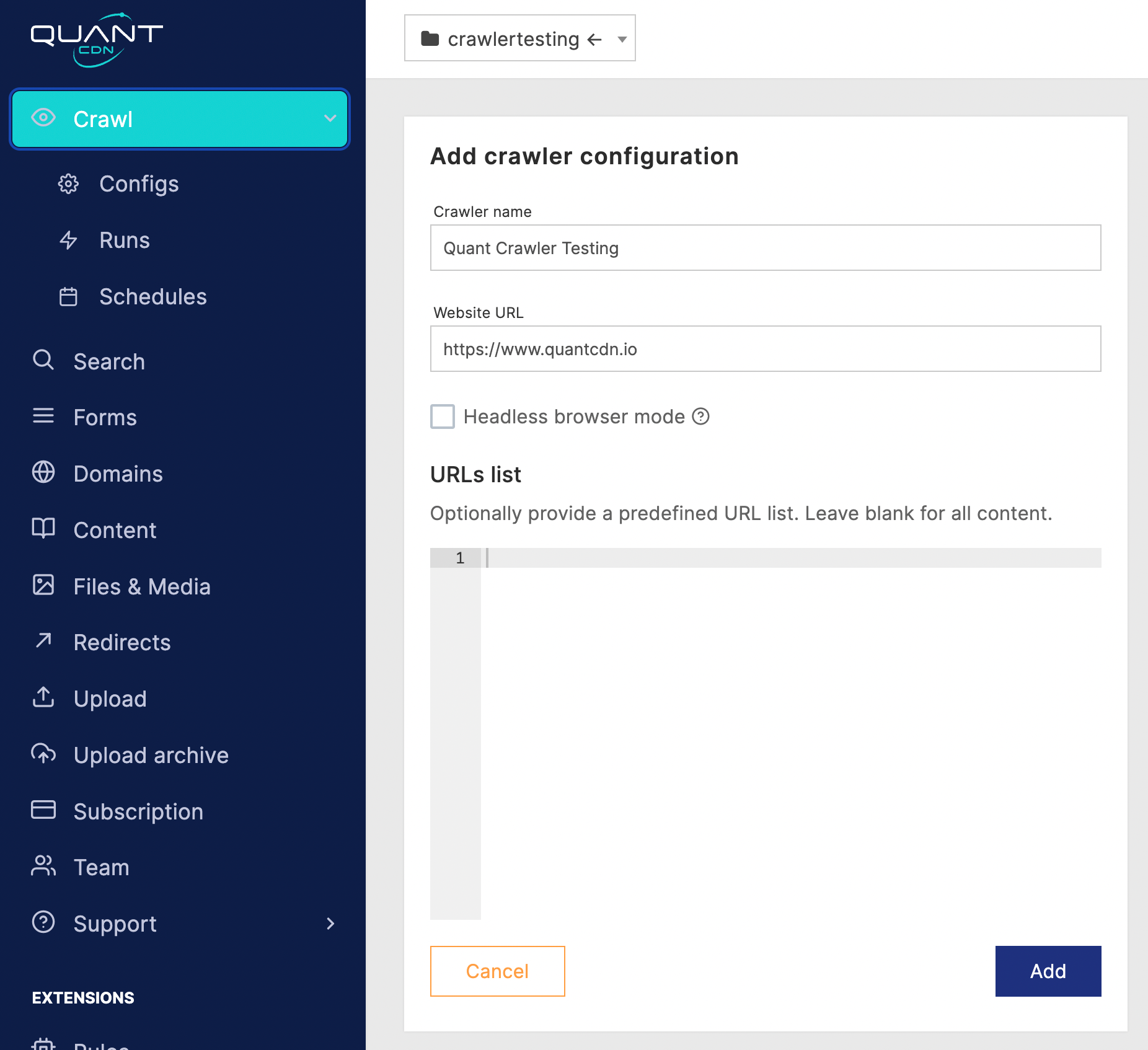 Quant Crawler Add New Crawler Form