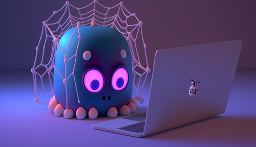 Spider with web and laptop computer in claymation style