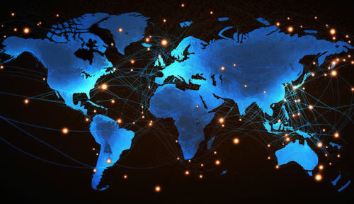 World map in blue with points of lights and lines connecting them