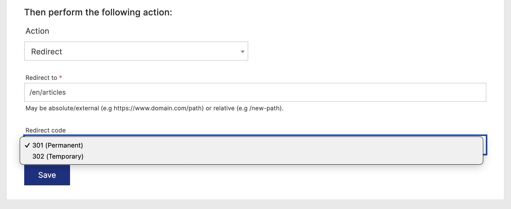 Page Rules form with Action settings