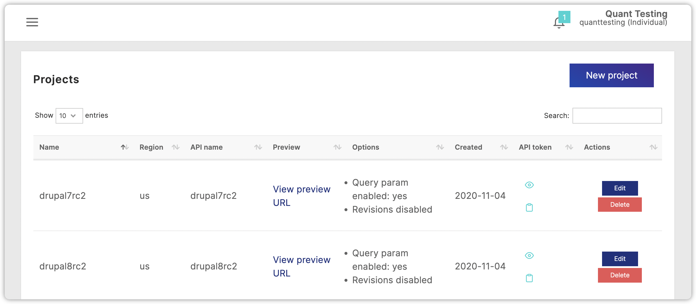 Projects listed in the Quant Dashboard