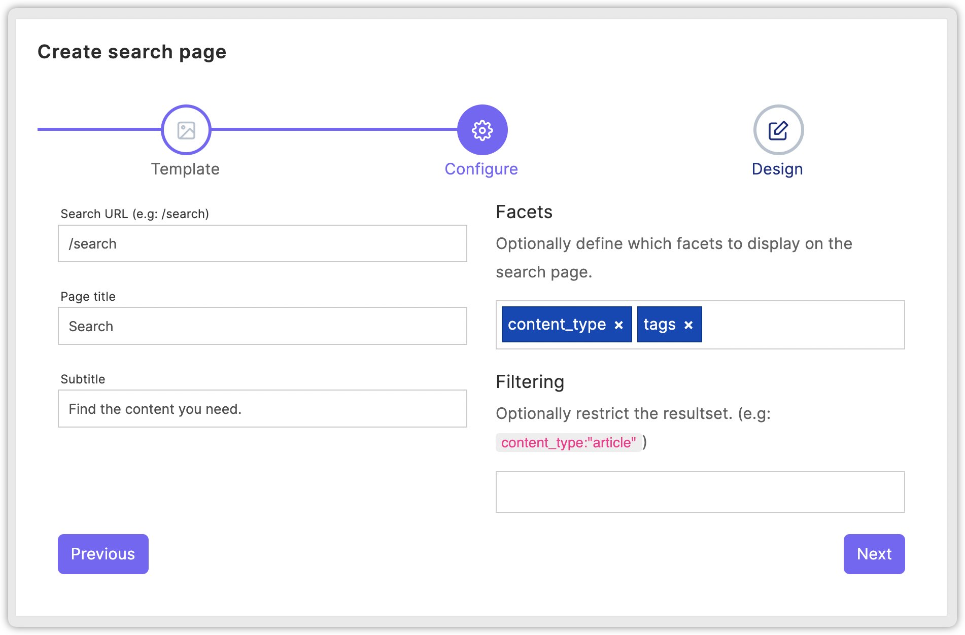 Quant Search Page Configuration