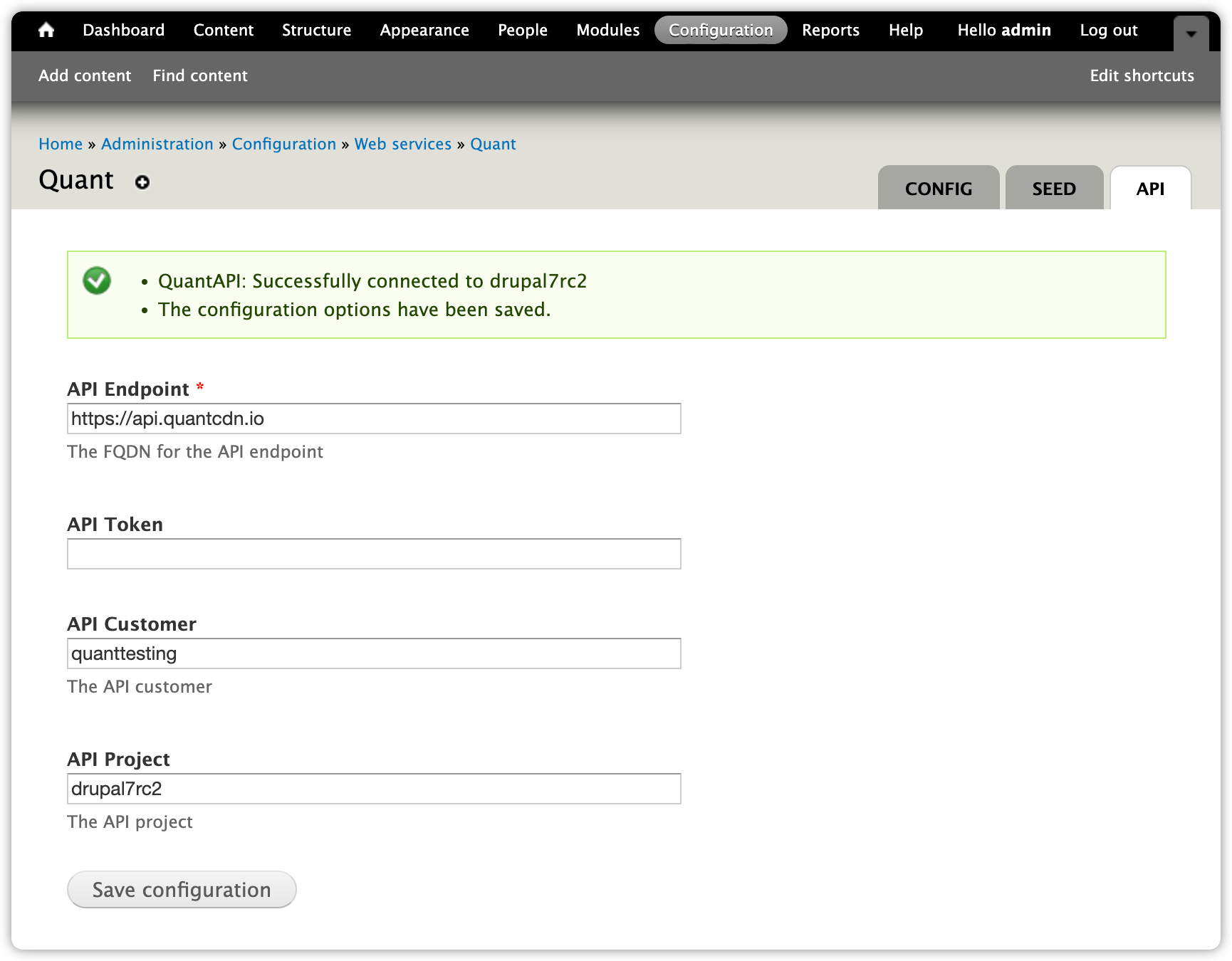 Quant Drupal 7 API configuration page with details