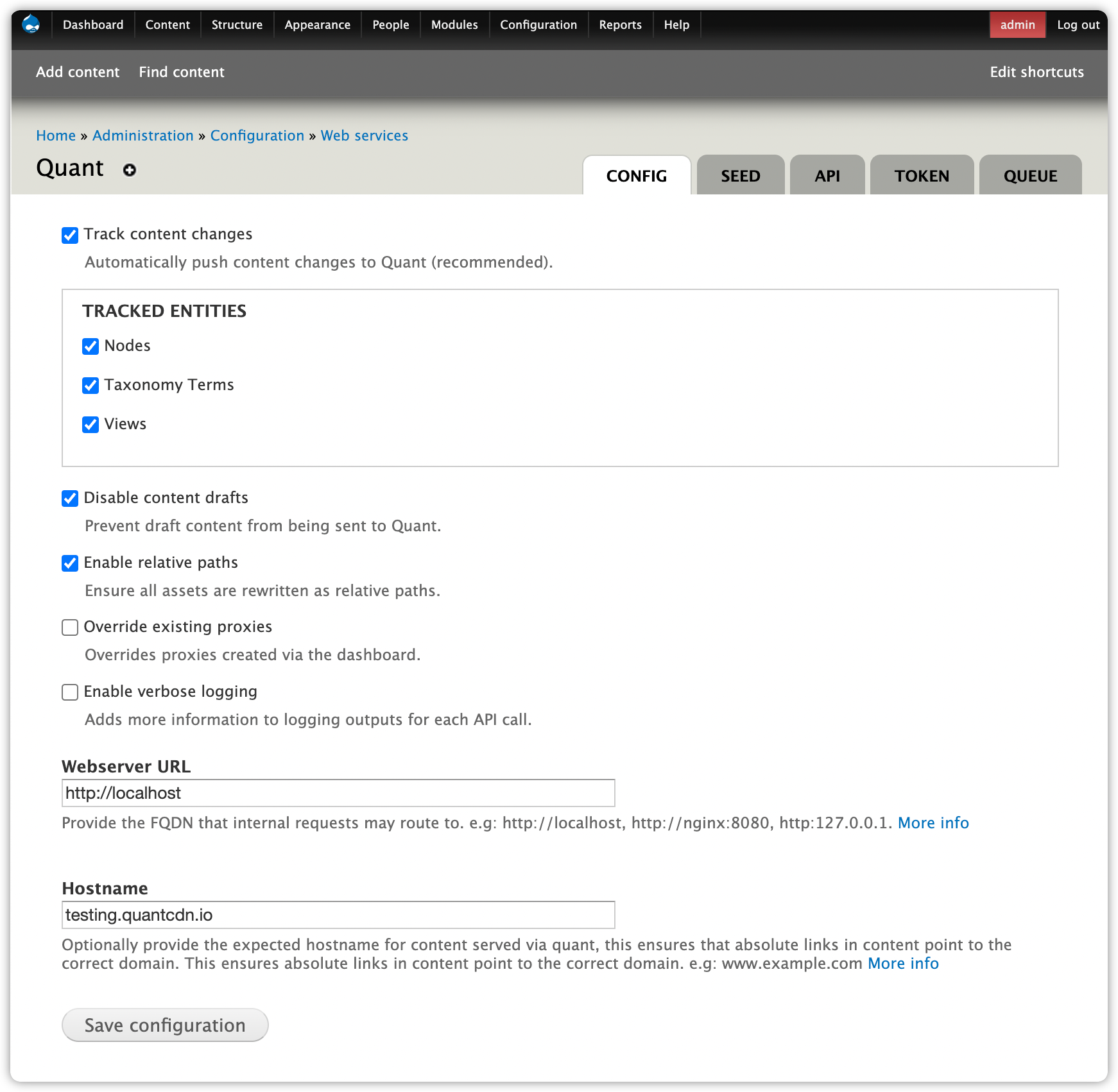 Quant Drupal 7 configuration page with details